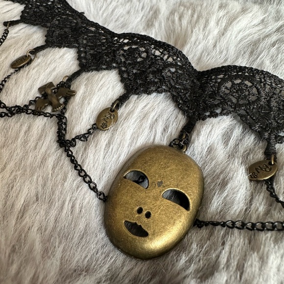 Black Lace Choker with Gold Mask Pendant - Picture 4 of 5